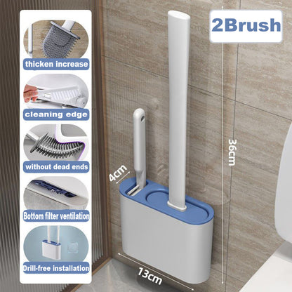Dual silicone toilet brush set with holder in white and blue, featuring a wall-mounted drill-free design and dimensions.