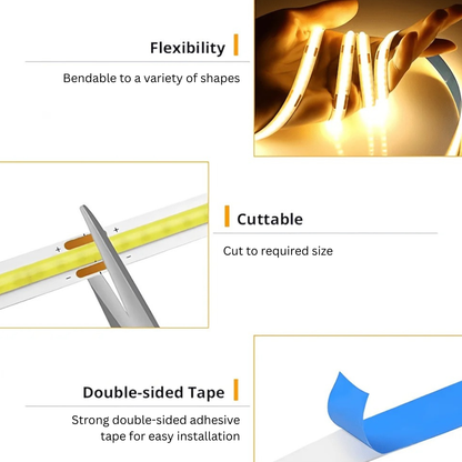 LED Strip Light - USB Powered, Flexible, Dimmable, Cuttable COB Lighting. 1, 2, 3, 4 or 5m