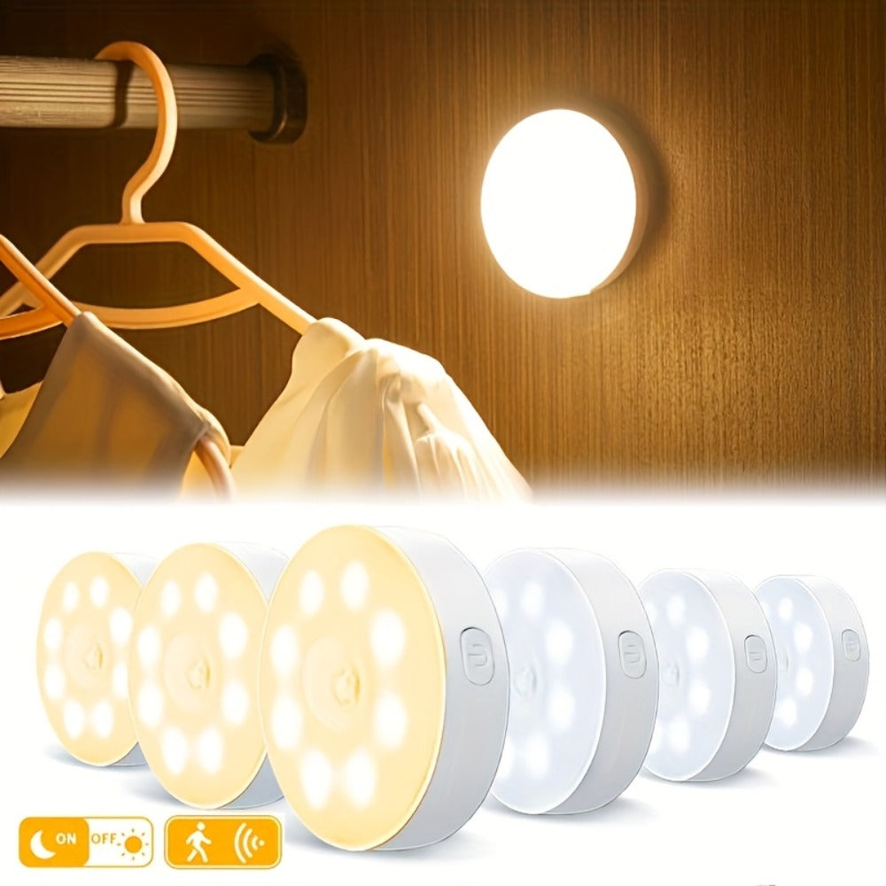 3 x Round Motion Sensor LED Lights for Under Cabinet, Stairway and Wardrobe. Rechargeable. (3-pack) 