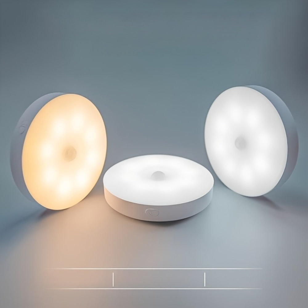 3 x Round Motion Sensor LED Lights for Under Cabinet, Stairway and Wardrobe. Rechargeable. (3-pack) 