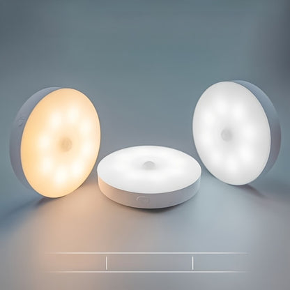 3 x Round Motion Sensor LED Lights for Under Cabinet, Stairway and Wardrobe. Rechargeable. (3-pack) 