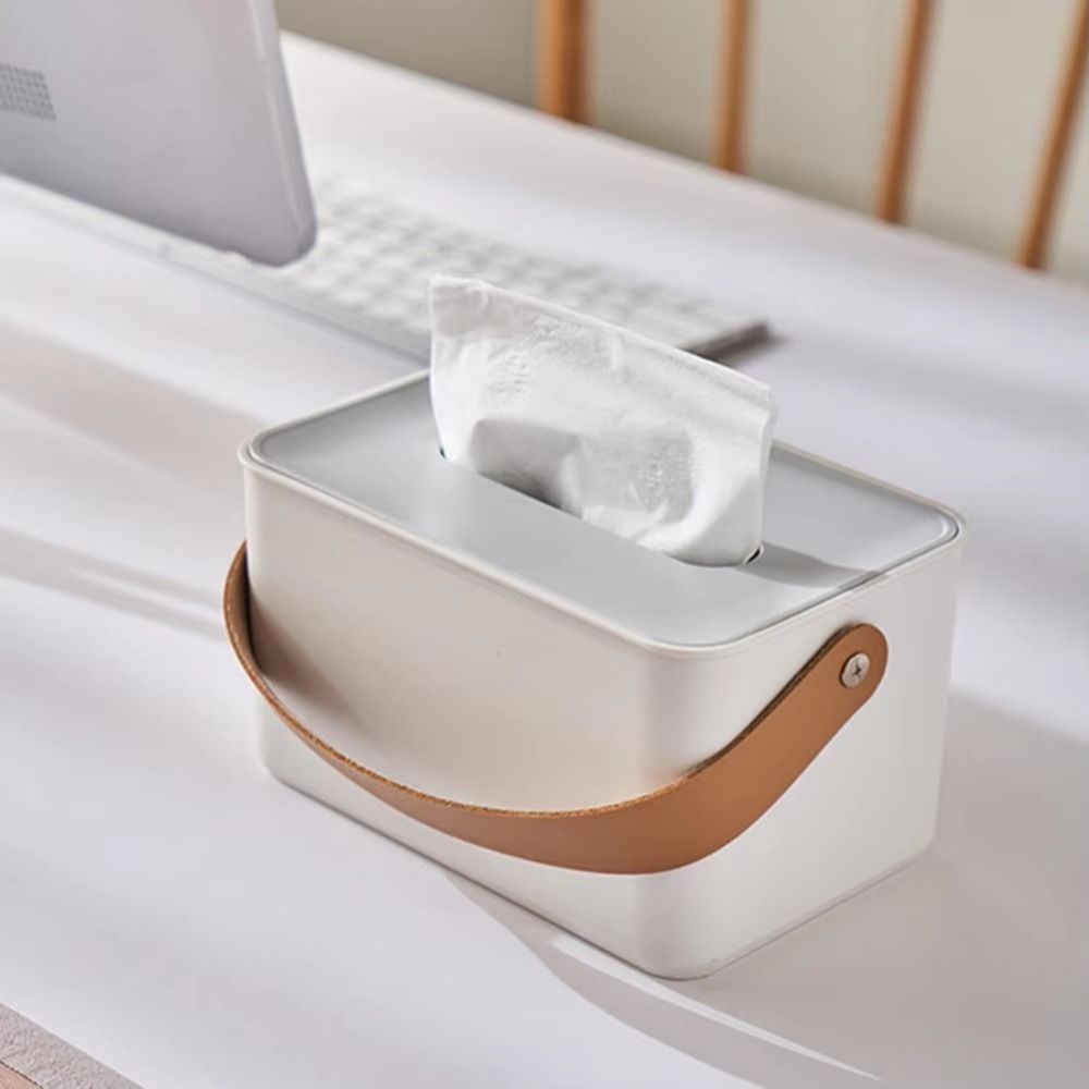 ABS Tissue Box - Drop-Resistant, Leather Handle, Modern White