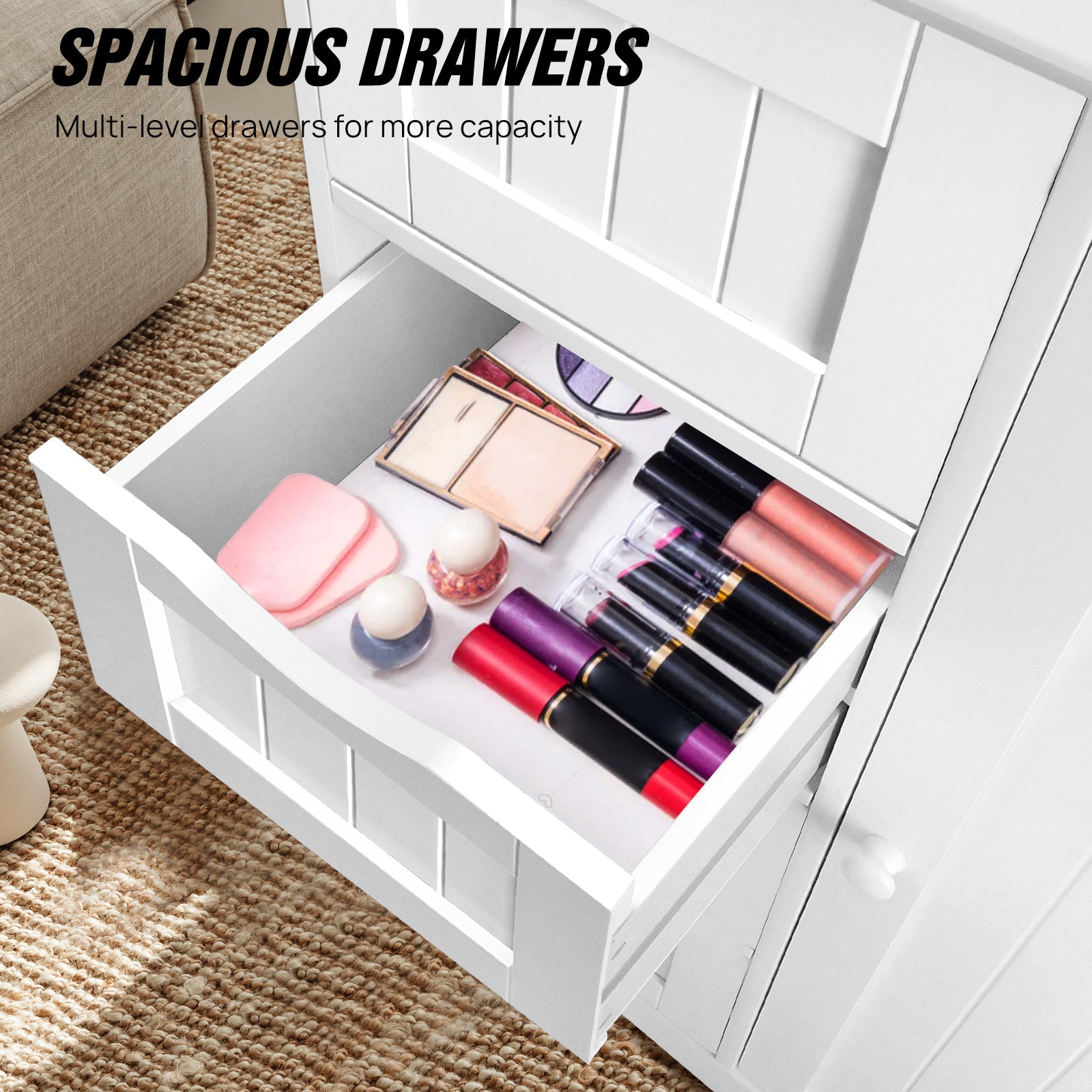 White Engineered Wood Chest - 4 Drawers, Adjustable Shelf, Durable