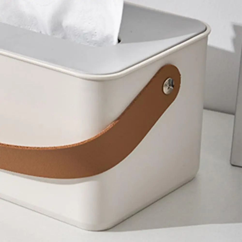 ABS Tissue Box - Drop-Resistant, Leather Handle, Modern White