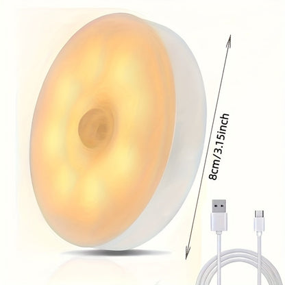 3 x Round Motion Sensor LED Lights for Under Cabinet, Stairway and Wardrobe. Rechargeable. (3-pack) 