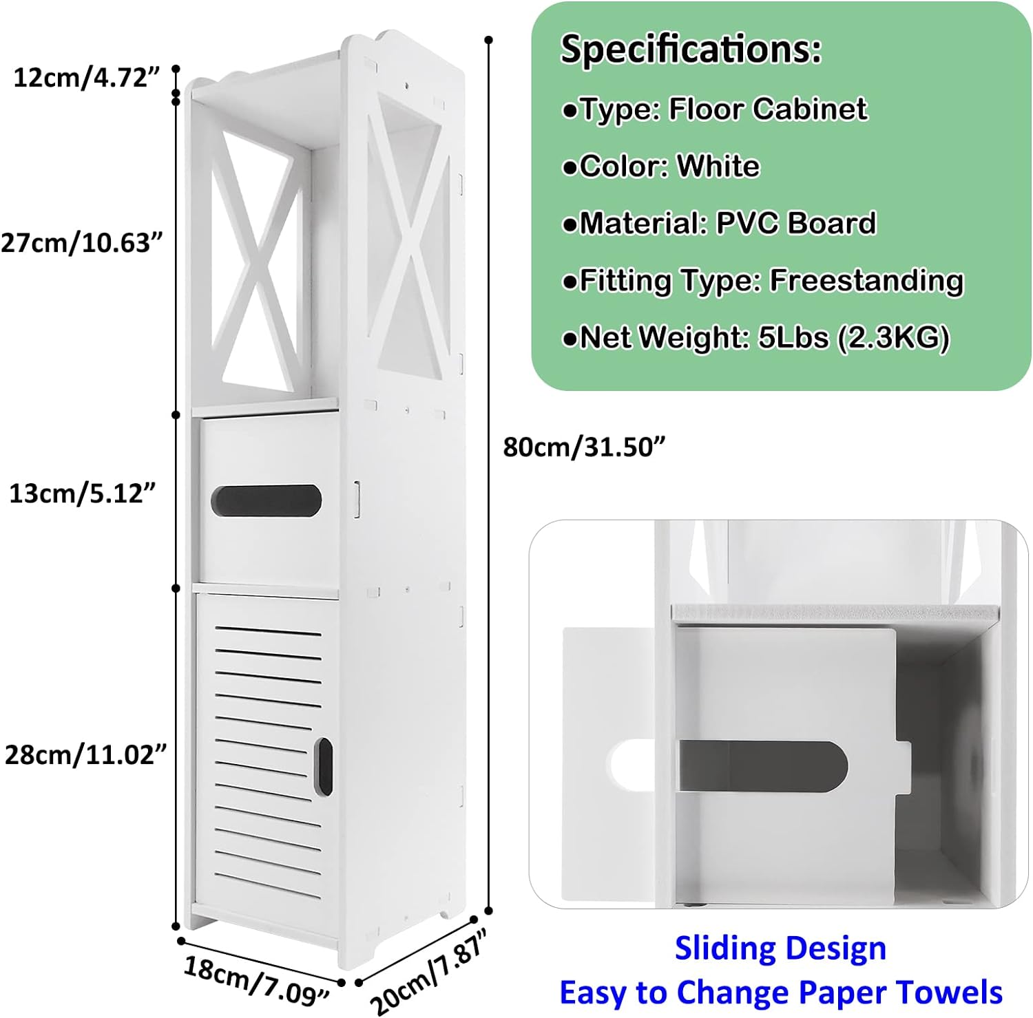 Waterproof Bathroom Cabinet - Compact Freestanding Storage 80x18x20cm
