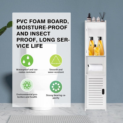 White storage cabinet with bottles against a gray wall, featuring text about PVC foam board properties.