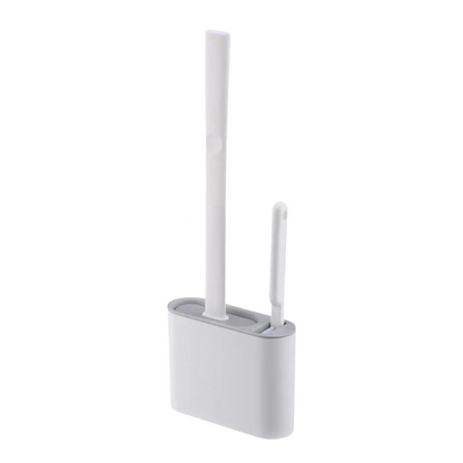 White toilet brush holder with a brush on a white background