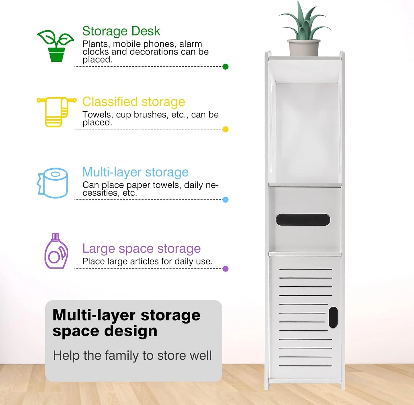 White storage cabinet with labeled storage options on a white background