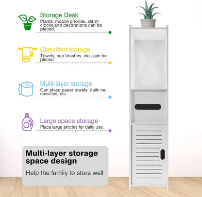White storage cabinet with labeled storage options on a white background