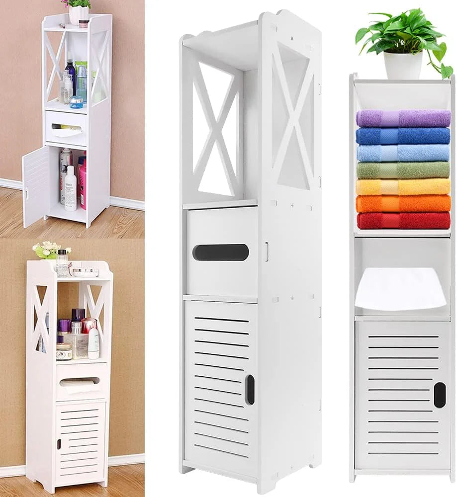White storage cabinet with shelves and doors, used for organizing bathroom items.