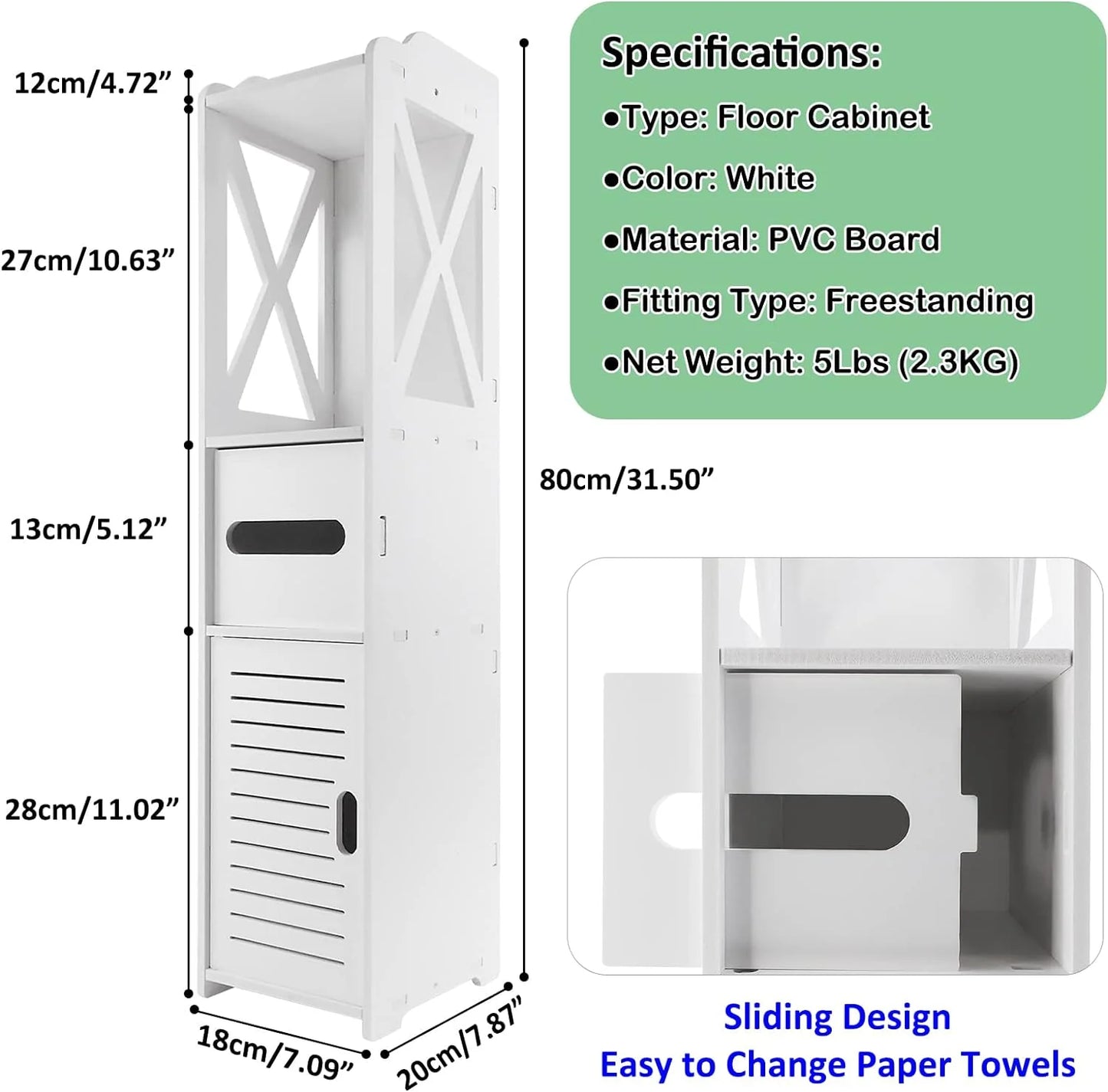 White floor cabinet with dimensions and specifications displayed