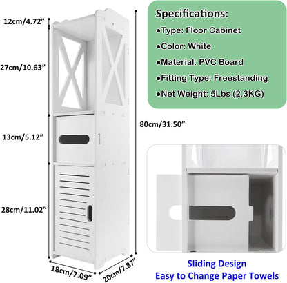 White floor cabinet with dimensions and specifications displayed