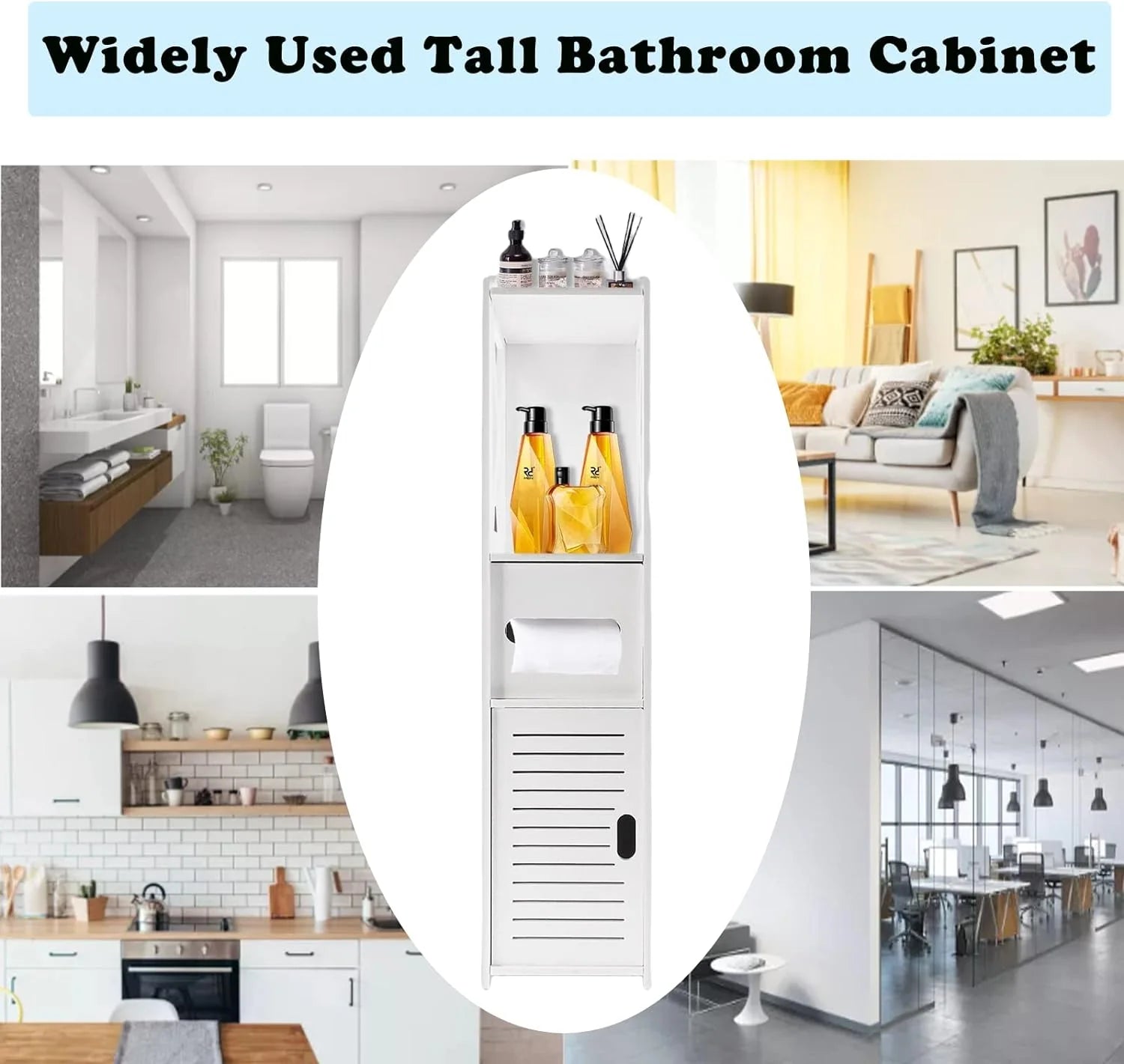 Tall bathroom cabinet with various items in a modern home setting