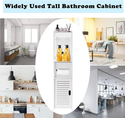 Tall bathroom cabinet with various items in a modern home setting