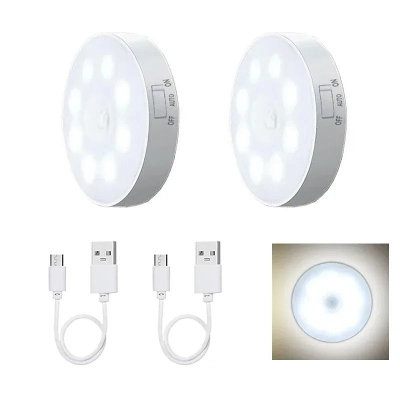 3 x Round Motion Sensor LED Lights for Under Cabinet, Stairway and Wardrobe. Rechargeable. (3-pack)