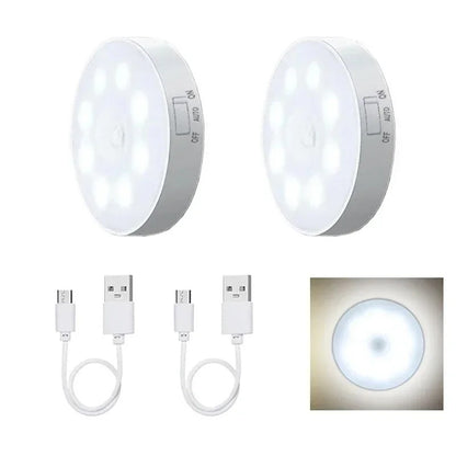 3 x Round Motion Sensor LED Lights for Under Cabinet, Stairway and Wardrobe. Rechargeable. (3-pack)
