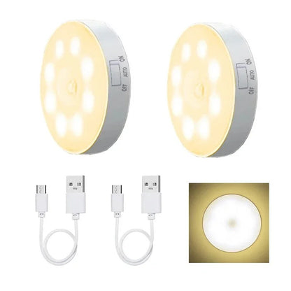 3 x Round Motion Sensor LED Lights for Under Cabinet, Stairway and Wardrobe. Rechargeable. (3-pack)