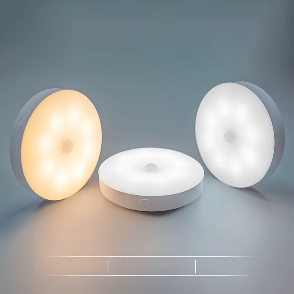 3 x Round Motion Sensor LED Lights for Under Cabinet, Stairway and Wardrobe. Rechargeable. (3-pack)