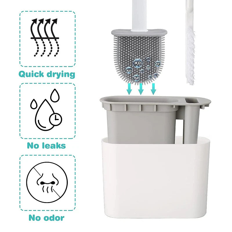 Gray and white cleaning brush with features highlighted on a white background