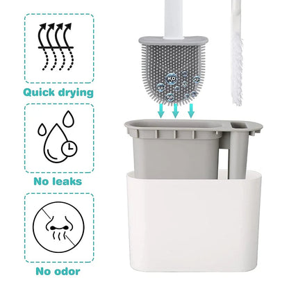 Gray and white cleaning brush with features highlighted on a white background