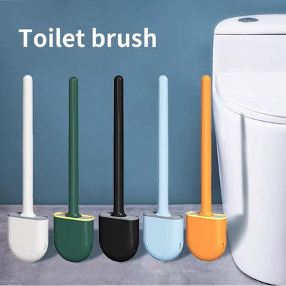 Set of colorful toilet brushes with a toilet in the background on a blue gradient background