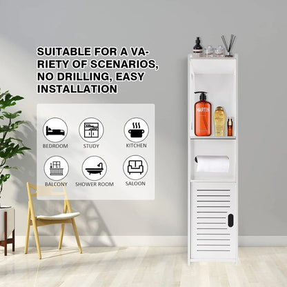 Tall white cabinet with toiletries against a gray wall, with text about versatility and installation.