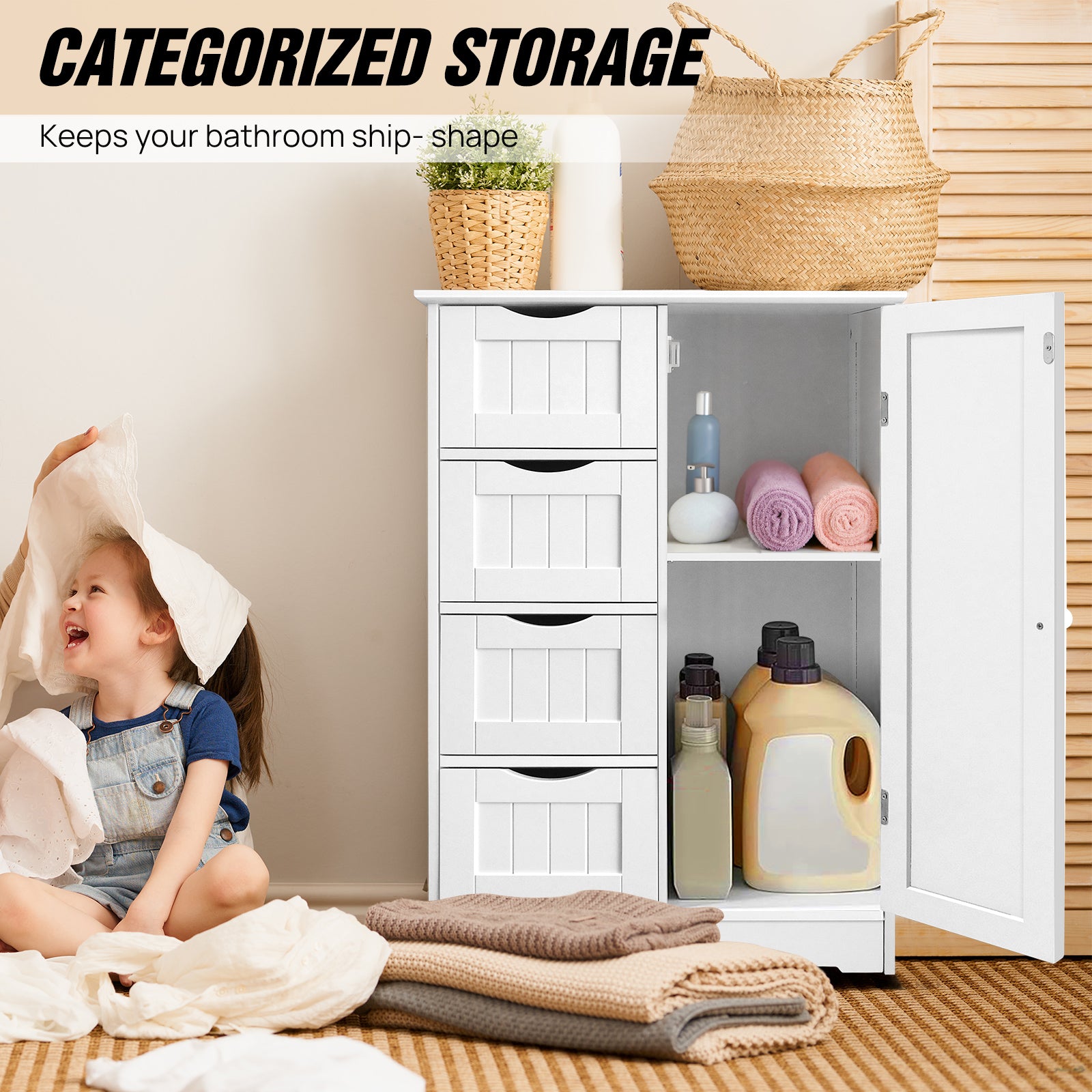 White 4-drawer bathroom storage cupboard with the side door and drawers open, revealing organized cleaning supplies and a top drawer filled with makeup.