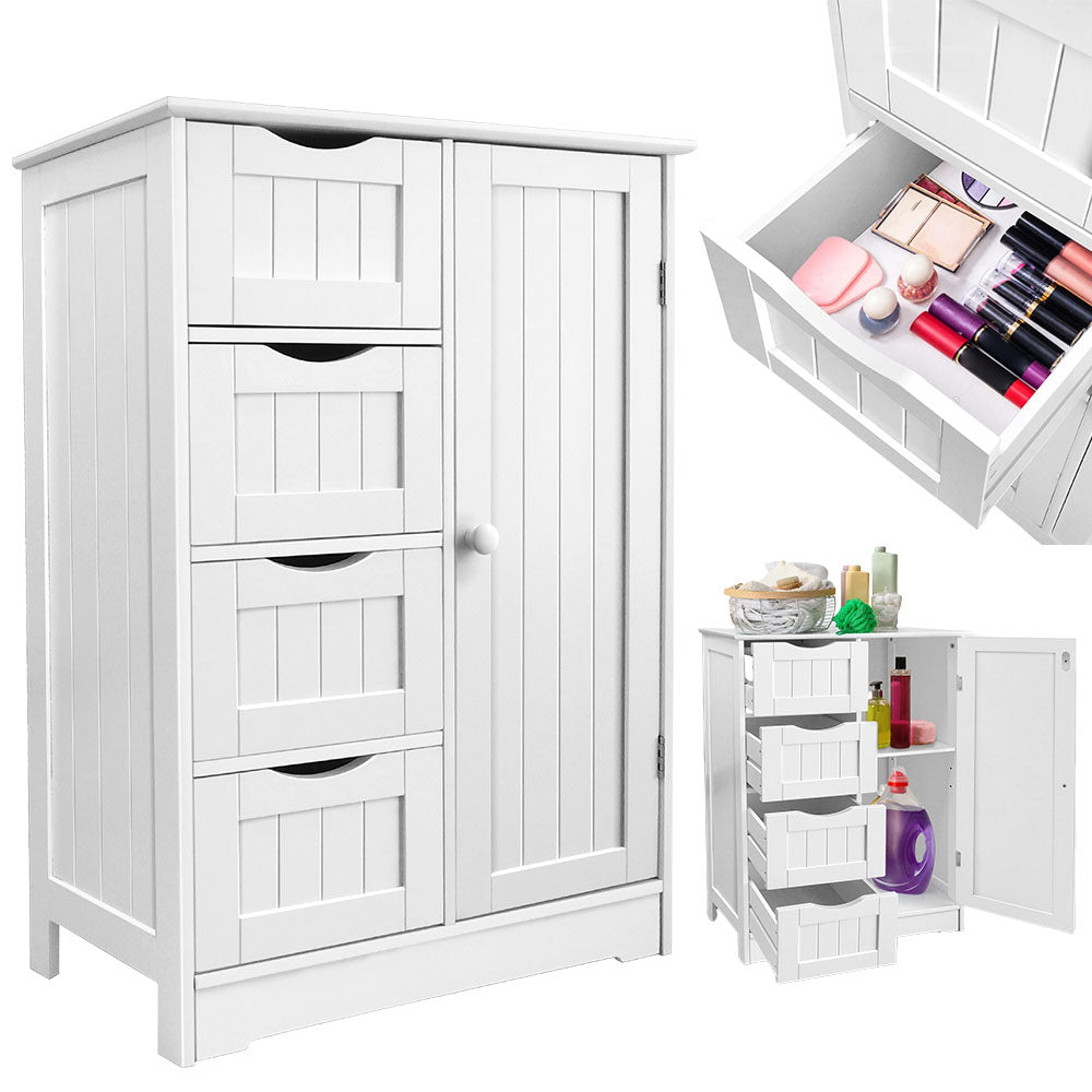 Infographic displaying the storage capacity of the white 4-drawer bathroom cupboard, featuring icons for body lotion, shampoo, towels, tissue paper, and laundry detergent.