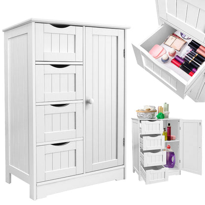 Infographic displaying the storage capacity of the white 4-drawer bathroom cupboard, featuring icons for body lotion, shampoo, towels, tissue paper, and laundry detergent.