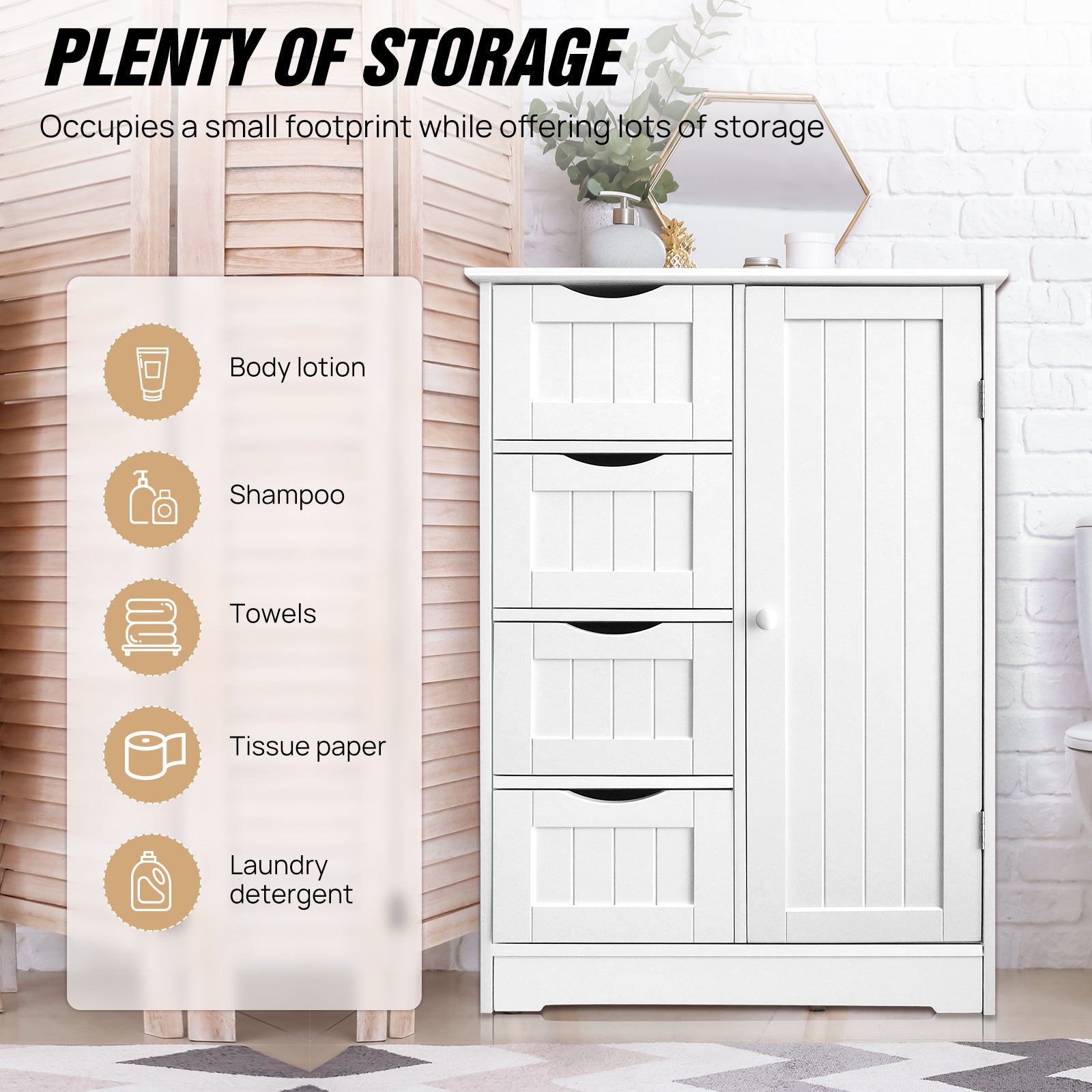 Infographic displaying the storage capacity of the white 4-drawer bathroom cupboard, featuring icons for body lotion, shampoo, towels, tissue paper, and laundry detergent.