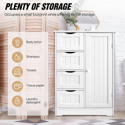 Infographic displaying the storage capacity of the white 4-drawer bathroom cupboard, featuring icons for body lotion, shampoo, towels, tissue paper, and laundry detergent.