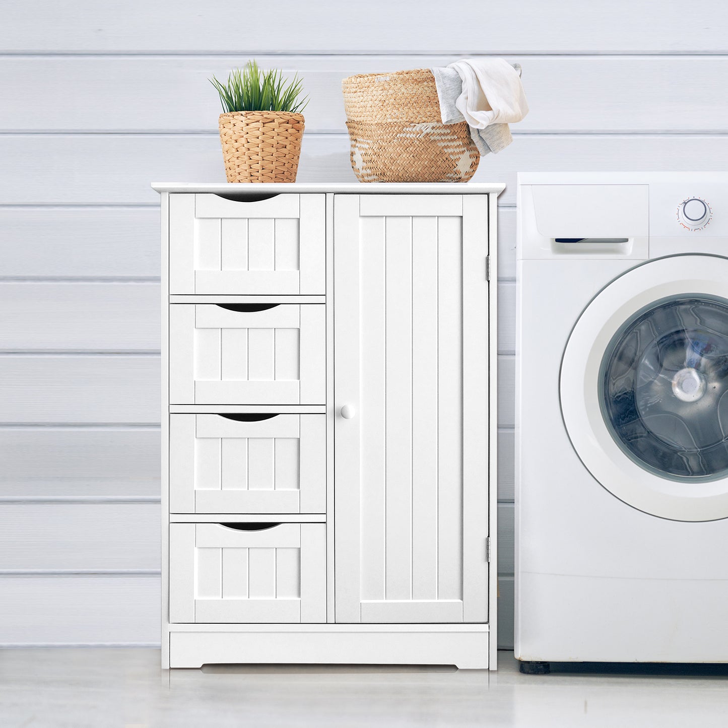 White wooden 4-drawer storage cabinet placed next to a washing machine in a bright laundry room setting.