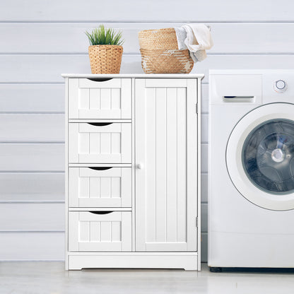 White wooden 4-drawer storage cabinet placed next to a washing machine in a bright laundry room setting.