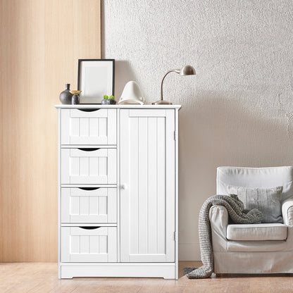 White 4-drawer storage cupboard used as an elegant console table in a living space, decorated with a lamp, framed art, and small plants.