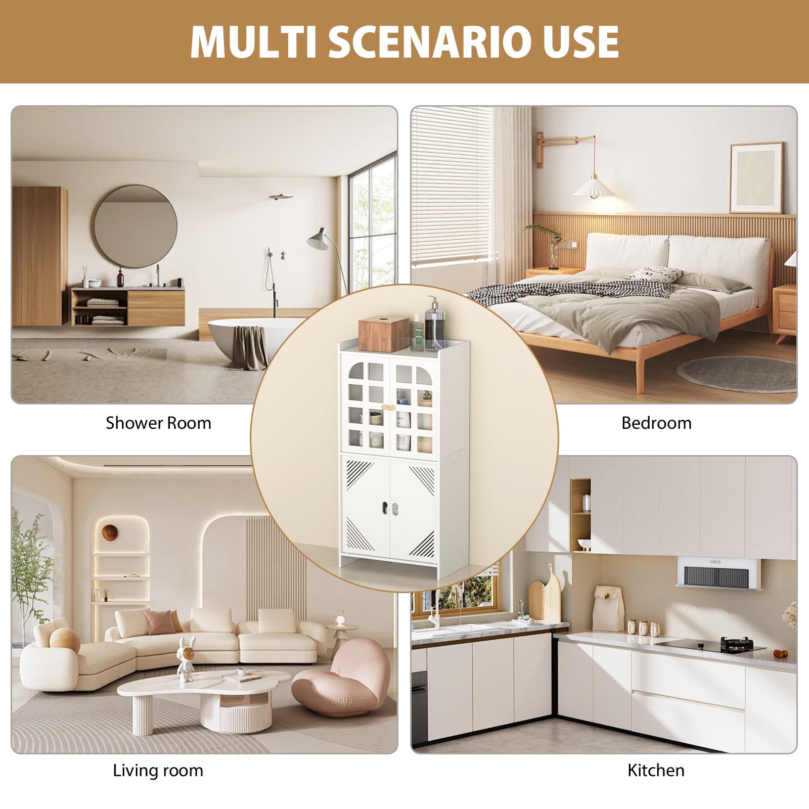 Infographic highlighting the key benefits of the white bathroom cabinet: easy to install, waterproof, easy to clean, durable, and harmless.