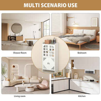 Infographic highlighting the key benefits of the white bathroom cabinet: easy to install, waterproof, easy to clean, durable, and harmless.