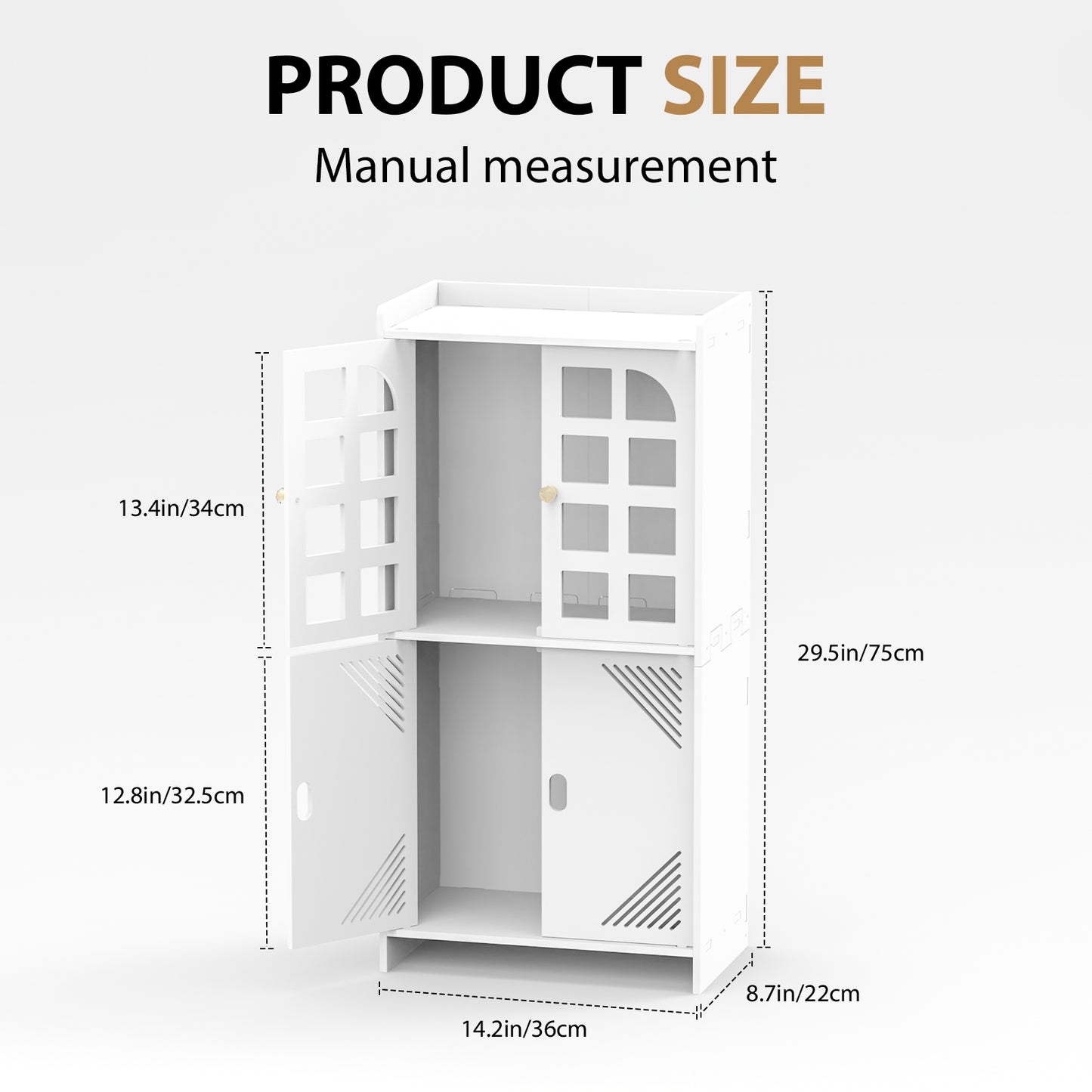 Dimensions diagram for the white freestanding bathroom cabinet showing height, width, and depth in inches and centimeters.