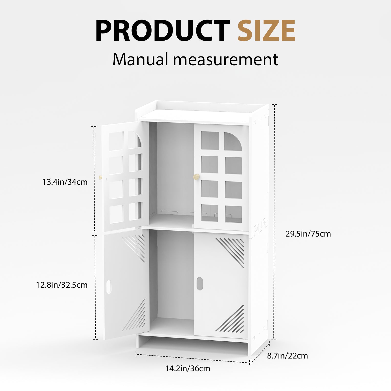 Dimensions diagram for the white freestanding bathroom cabinet showing height, width, and depth in inches and centimeters.