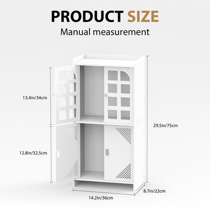 Dimensions diagram for the white freestanding bathroom cabinet showing height, width, and depth in inches and centimeters.