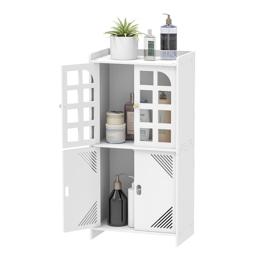 Front view of a 3-tier white freestanding bathroom storage cabinet with doors open, displaying toiletries.