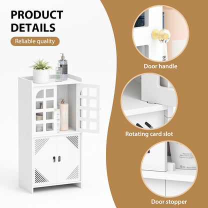 Close-up details of the white bathroom cabinet hardware, including the door handle, rotating card slot, and door stopper.