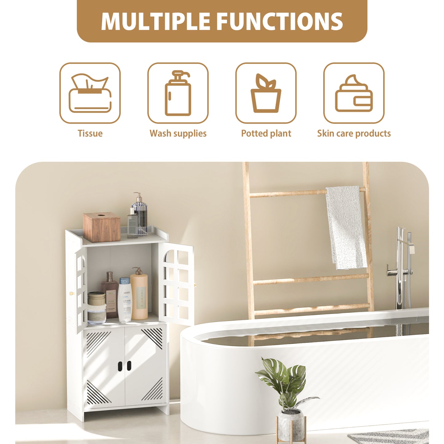 Collage showing the versatile white storage cabinet used in multiple scenarios: a shower room, bedroom, living room, and kitchen.
