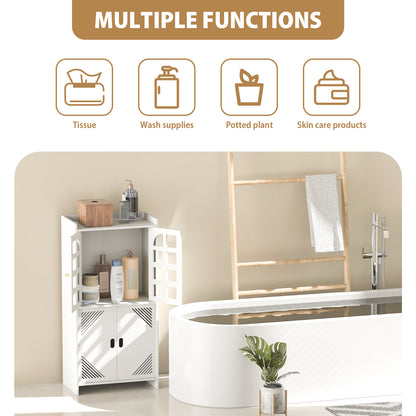 Collage showing the versatile white storage cabinet used in multiple scenarios: a shower room, bedroom, living room, and kitchen.