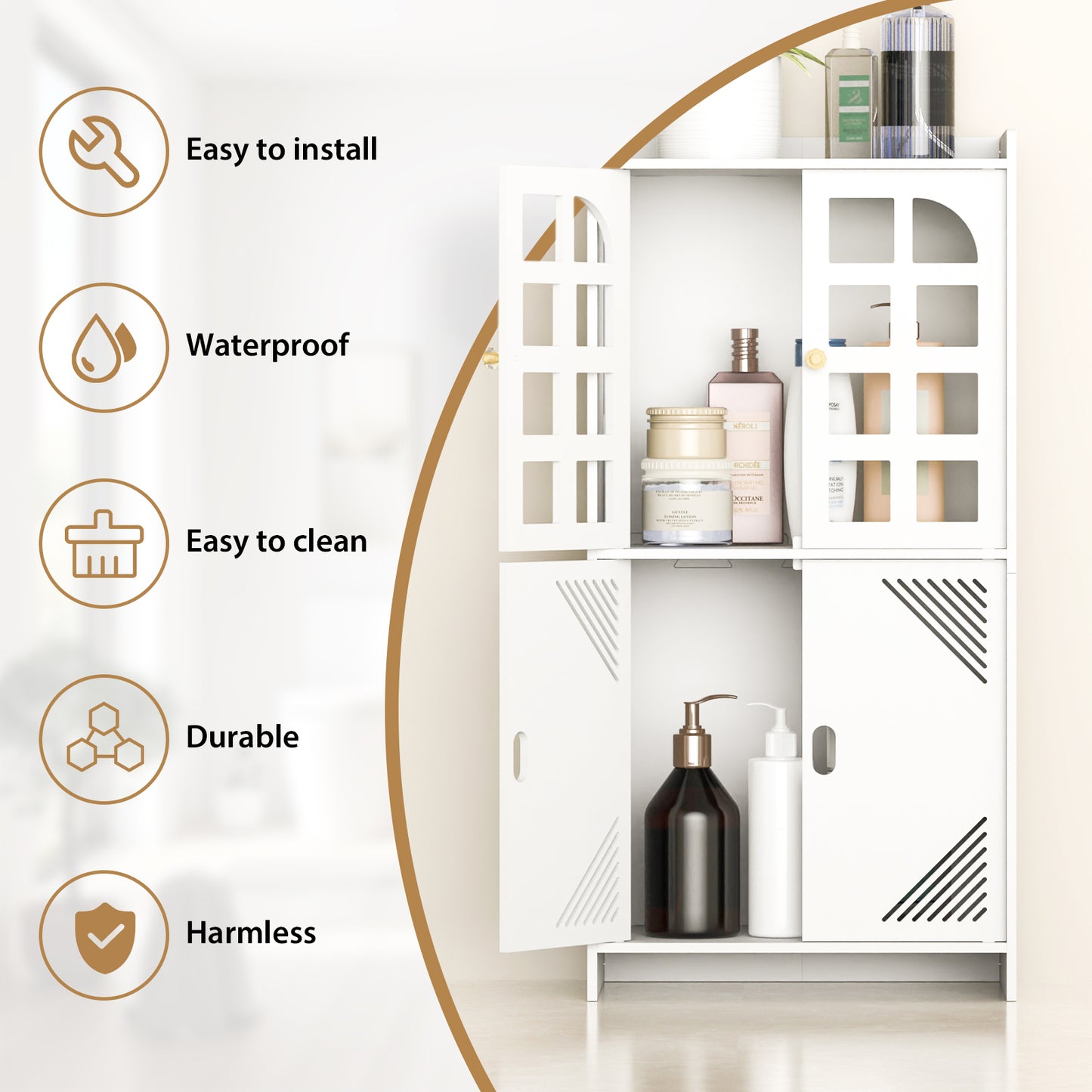 Lifestyle image of the white storage cabinet next to a bathtub, with icons suggesting multiple functions for tissues, wash supplies, potted plants, and skincare products.