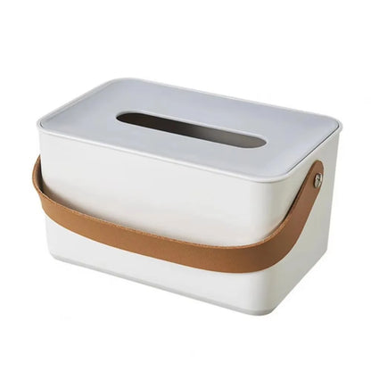 Rectangular white tissue box holder featuring a brown Synthetic Leather Handle strap.