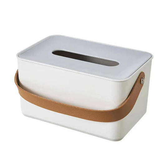 Rectangular white tissue box holder featuring a brown pleather strap.