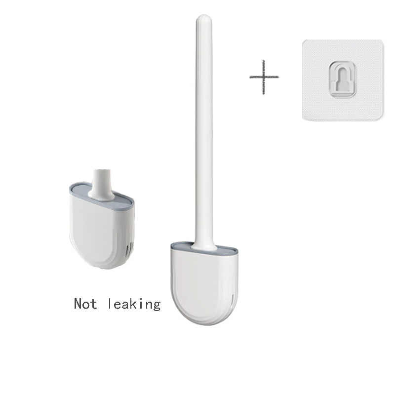 White toilet brush and holder with a small square icon on a white background