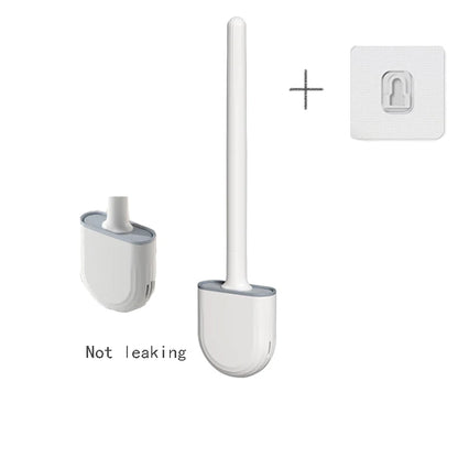 White toilet brush and holder with a small square icon on a white background